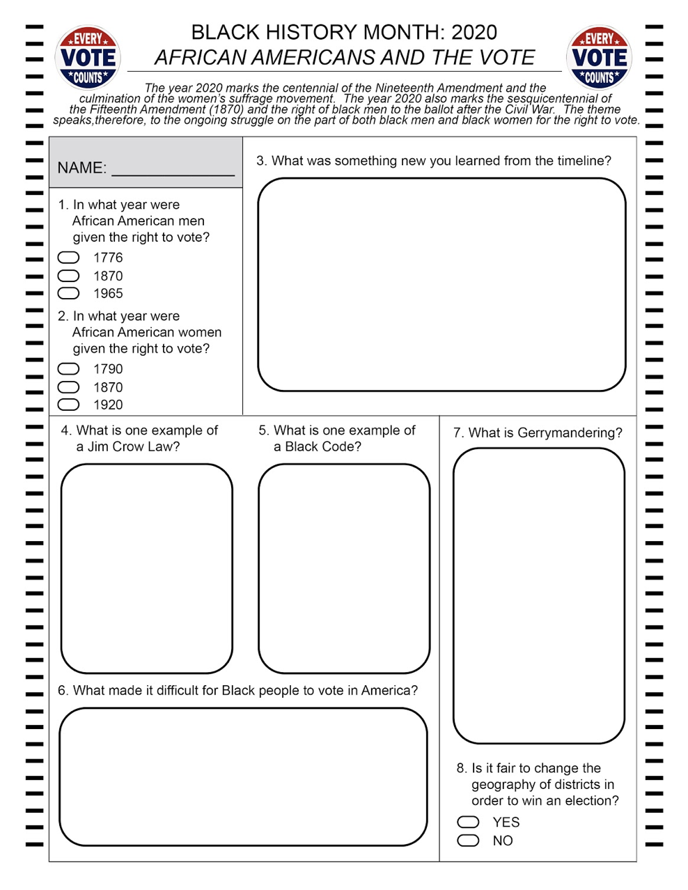 Middle School Black History Month Printable Activities